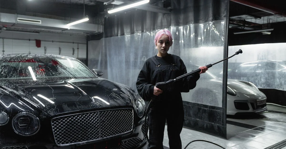Une femme aux cheveux roses utilise un nettoyeur haute pression sur une voiture de luxe dans un garage intérieur.
